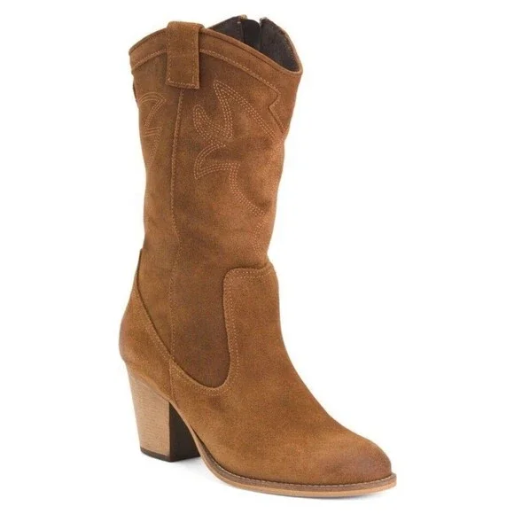 Poelman Suede Western Boots Womens 6.5 Brown Heeled Ankle/Mid Boot Made Portugal - Picture 1 of 5